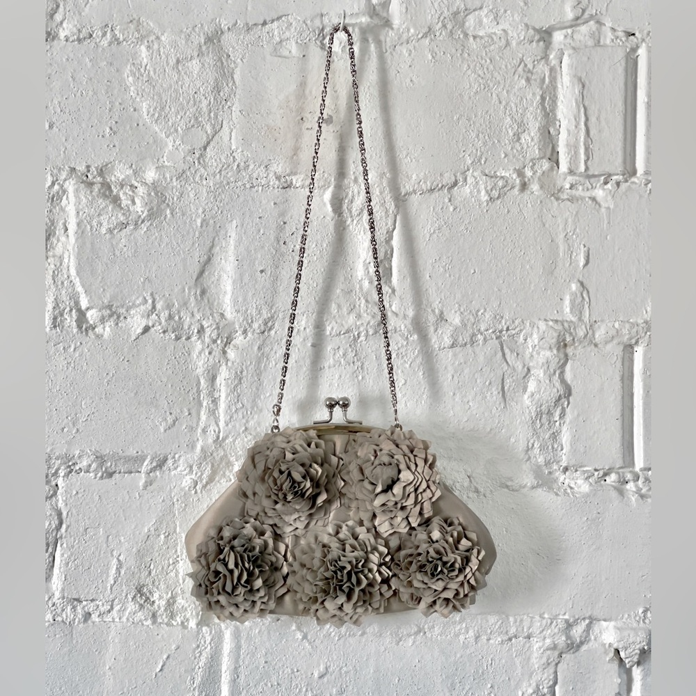 Vintage JESSICA MCCLINTOCK Floral Clutch Over the Shoulder Formal Bag Grey Used